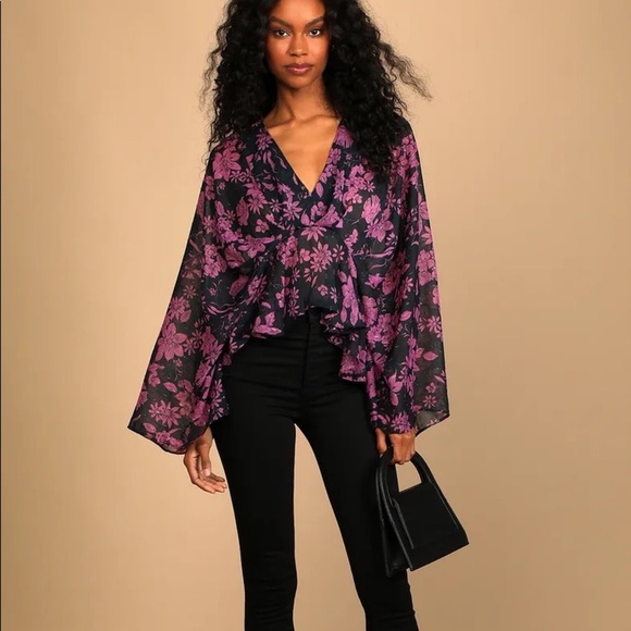 Midnight Blue Floral Print Long Sleeve Top - Picture 2 of 8
